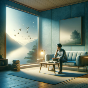 une personne seule qui regarde par la fenêtre des oiseaux passer