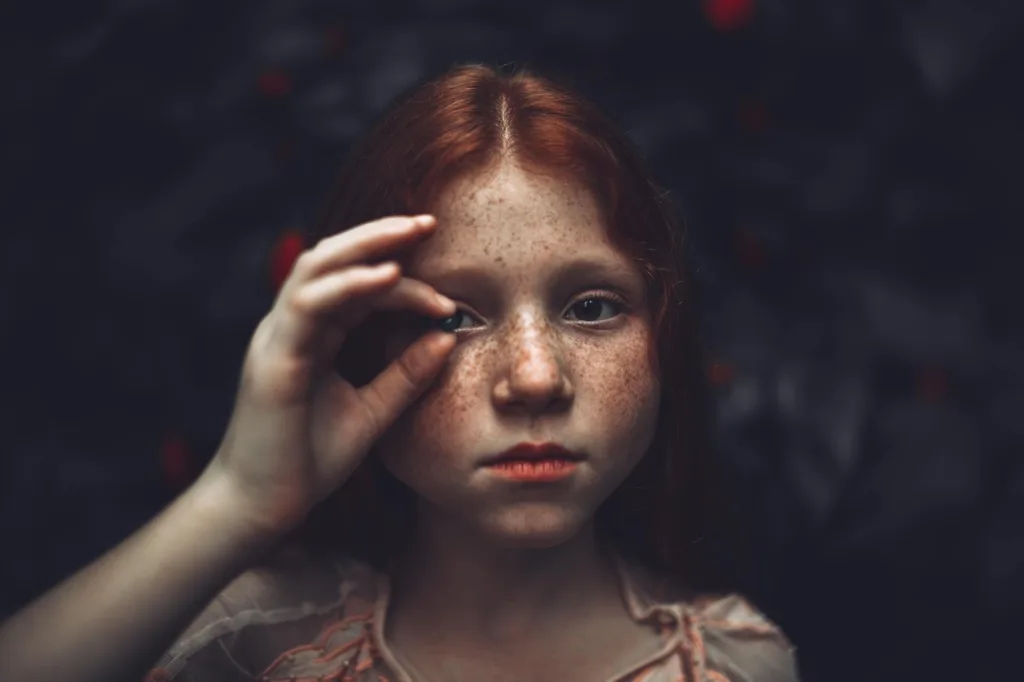 Jeune fille rousse qui tient ses doigts devant son oeil droit. Ça pourrait être un enfant HPI.