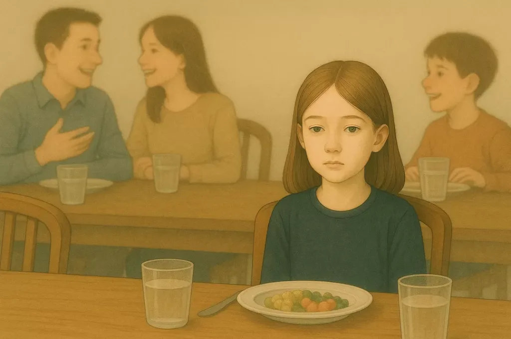 Une petite fille HPI est seule à table tandis que sa famille discute derrière elle