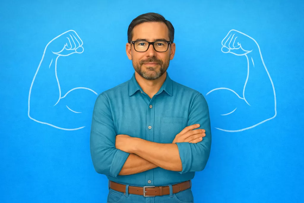 Une homme a les bras croisés. Deux bras forts sont dessinés derrière lui pour montrer qu'il combat sa blessure de rejet avec une bonne estime de lui.