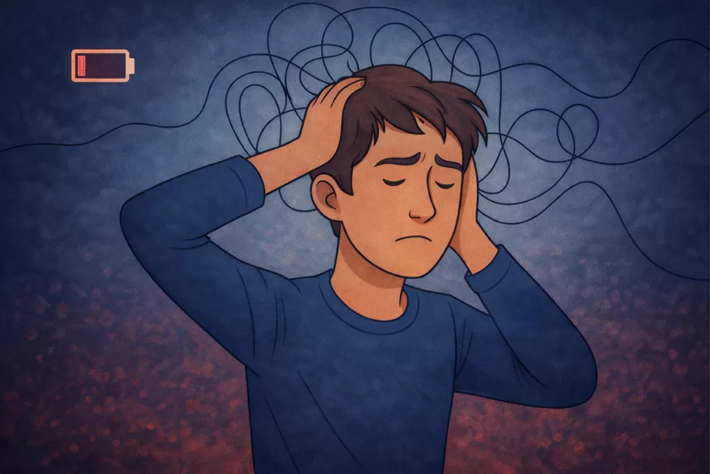 Un jeune HPI a l'esprit embrouillé. Il y a une pile à plat près de lui et des fils qui sont emmêlés autour de lui.