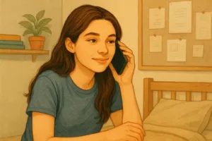 Une ado HPI parle avec une amie au téléphone dans sa chambre