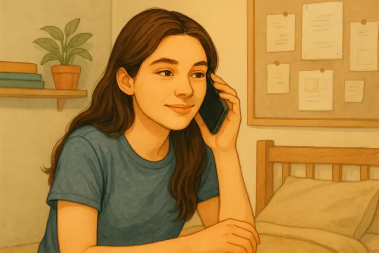 Une ado HPI parle avec une amie au téléphone dans sa chambre