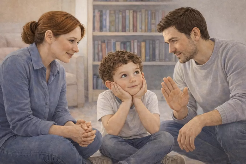 Une femme et un homme parlent à un enfant HPI qui les écoute avec les mains sous le menton. L'ambiance est détendue.