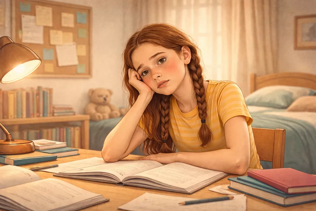 Une jeune fille HPI est épuisée dans sa chambre devant ses devoirs.