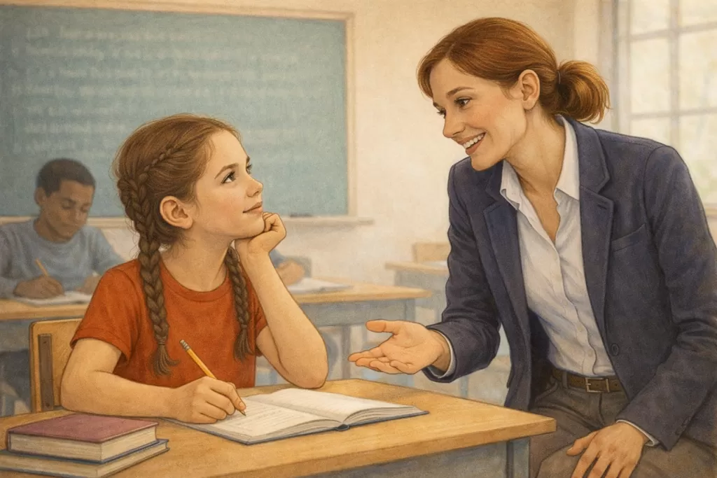 Une élève HPI regarde son professeur avec admiration.