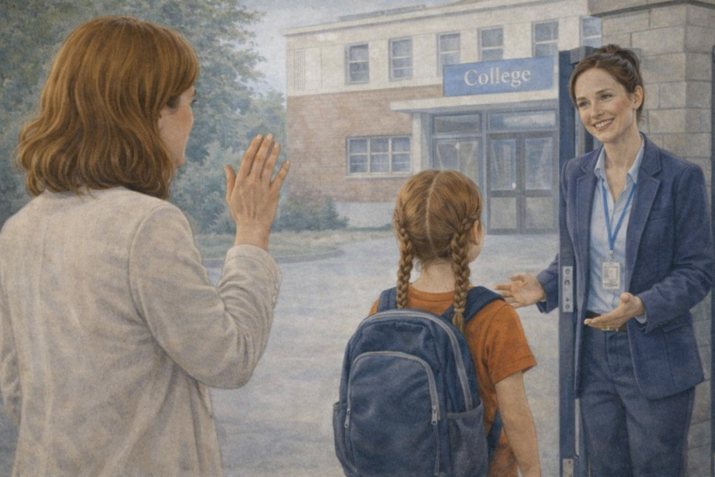 Une jeune fille HPI arrive à son collège. La maman fait signe à la CPE qui l'accueille au portail.