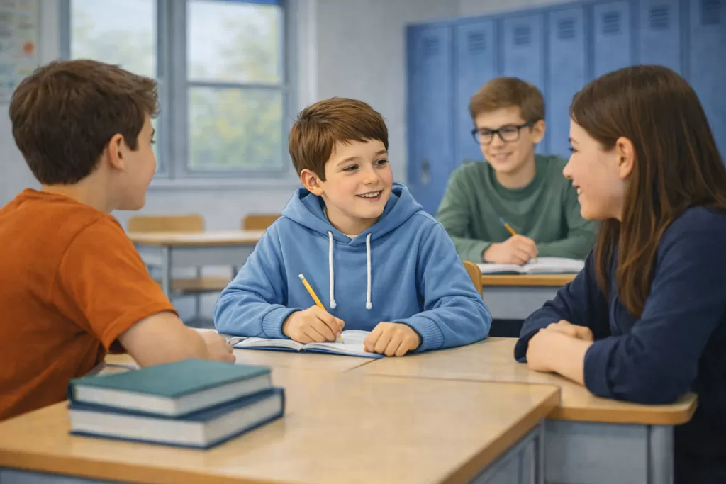 Un enfant parle avec d'autres élèves. Ils sont plus âgés car il a effectué un saut de classe.