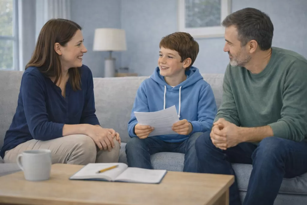 Un adolescent HPI parle avec ses parents de son orientation dans le salon