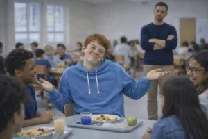 Un ado HPI fait le clown dans la cantine et amuse les élèves. Un surveillant le regarde à l'arrière avec les bras croisés.
