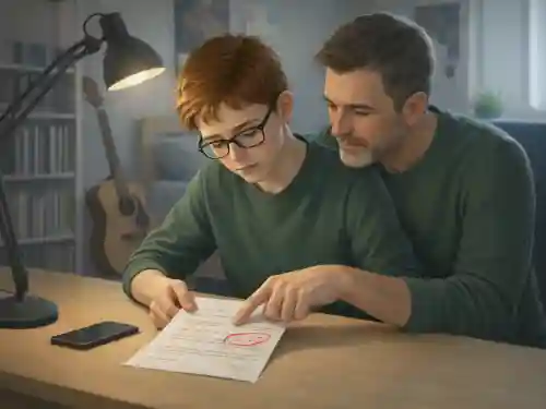 Un papa aide son fils HPI a comprendre les erreurs d'un devoir avec une mauvaise note. Ils sont assis au bureau du jeune.