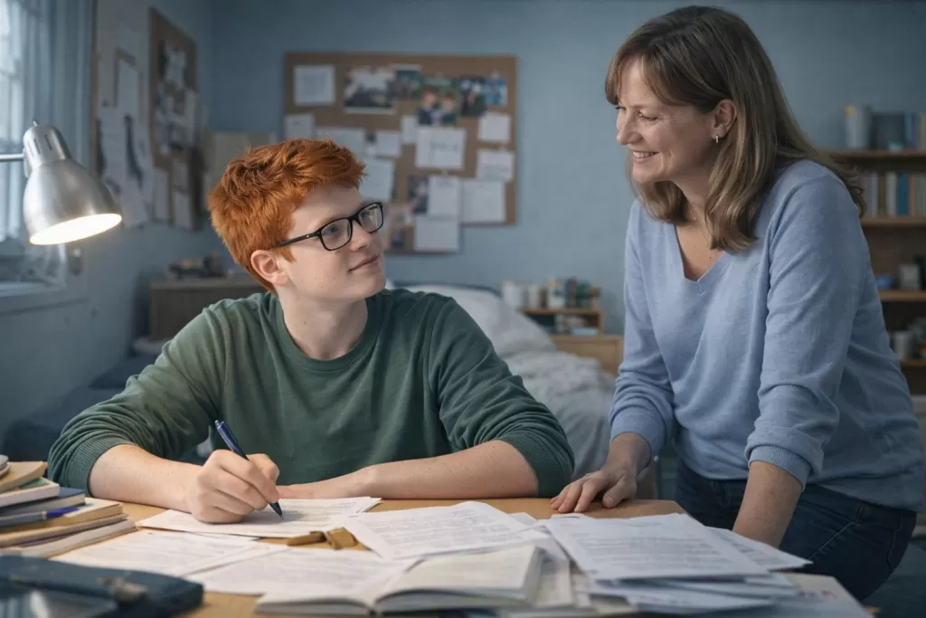 Un étudiant HPI discute avec sa mère de son travail scolaire. il est dans sa chambre, à son bureau. Les deux sont détendus.