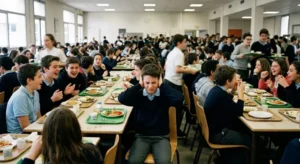 Un élève HPI se bouche les oreilles à cause de son hypersensibilité au bruit de la cantine.