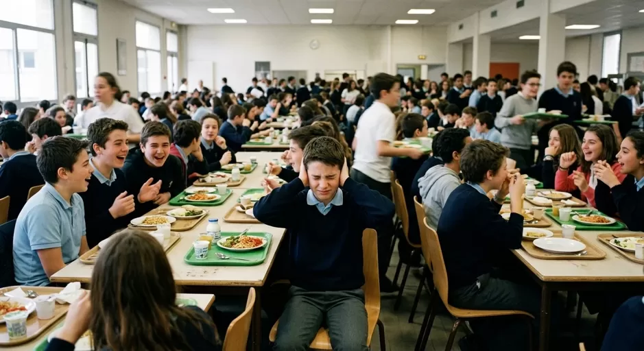 Un élève HPI se bouche les oreilles à cause de son hypersensibilité au bruit de la cantine.