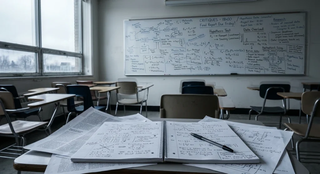 Salle de cours froide et vide.