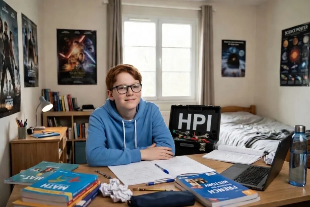 Un jeune fait ses devoirs avec une boîte à outils marquée HPI à côté de lui.