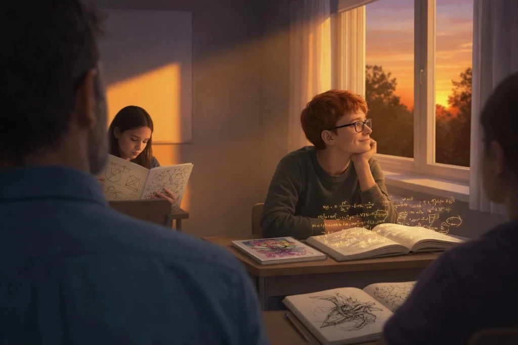 Adolescent HPI qui regarde un lever de soleil par la fenêtre de sa classe.