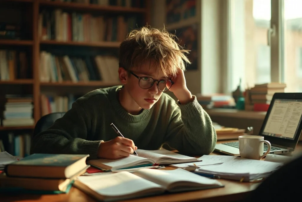 Anxiete HPI incluZive Jeune élève HPI qui stresse à son bureau dans la préparation d'un examen.