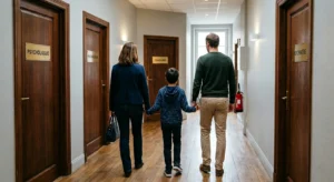 santementalebonus incluZive Des parents sont devant des portes avec leur enfant HPI : un psychologue, un psychiatre et un coach HPI. HPI
