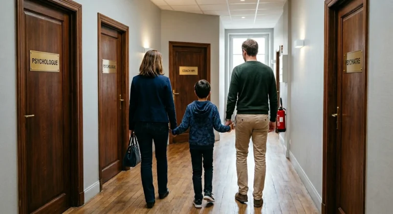 Des parents sont devant des portes avec leur enfant HPI : un psychologue, un psychiatre et un coach HPI. HPI