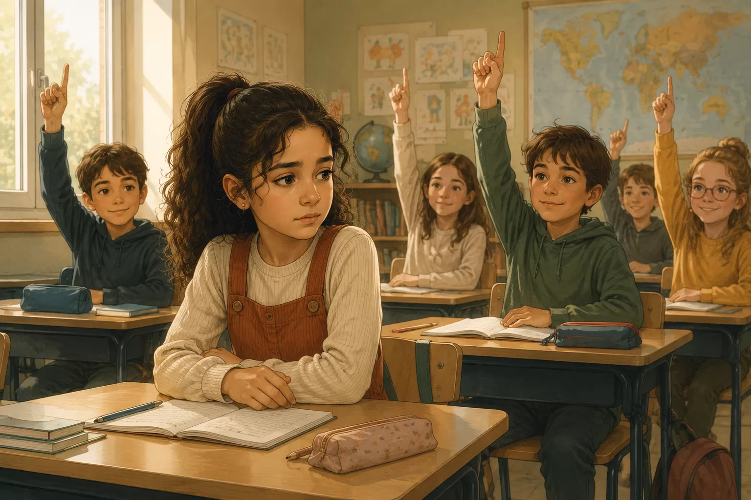 Enfance Leila incluZive Une fille HPI regarde les autres élèves lever le doigt. Elle n'ose pas répondre en classe alors qu'elle connaît toutes les réponses. HPI