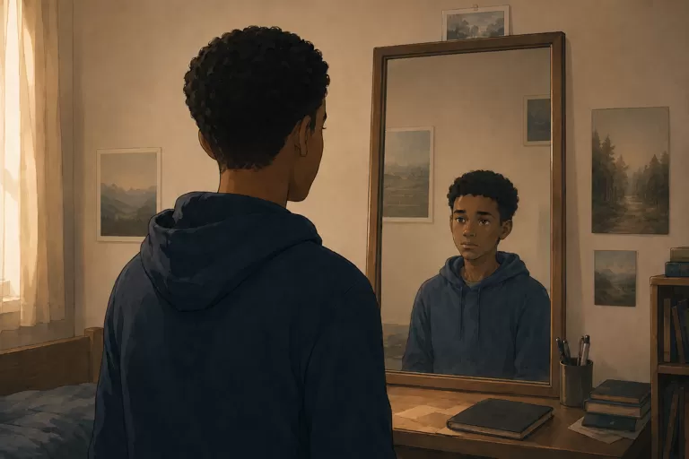 Un jeune adolescent HPI ressent le rejet de ses camarades. Il se regarde dans la glace de sa chambre.