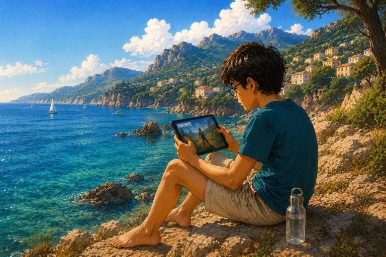 Un garçon HPI joue à Fortnite sur sa tablette devant un paysage de bord de mer magnifique. HPI