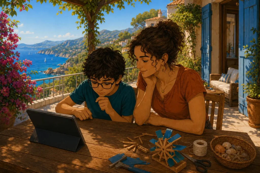 ecrans incluZive Un garçon HPI regarde un tutoriel avec sa maman sur la terrasse de sa maison de location pour construire une roue à aubes.
