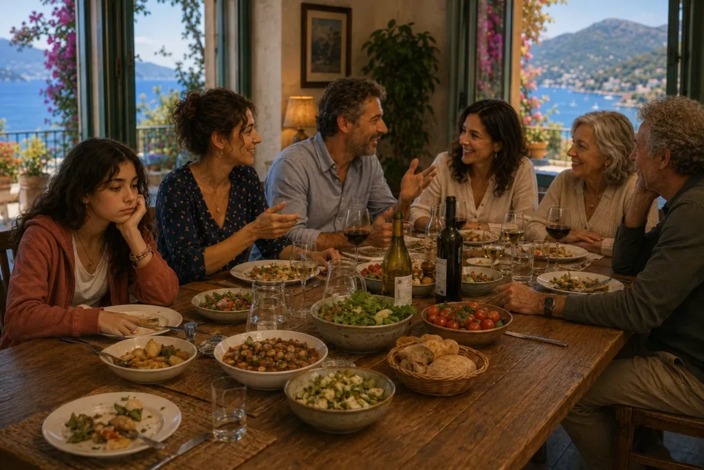 Une jeune fille HPI s'ennuie à table pendant que les adultes font durer le repas.