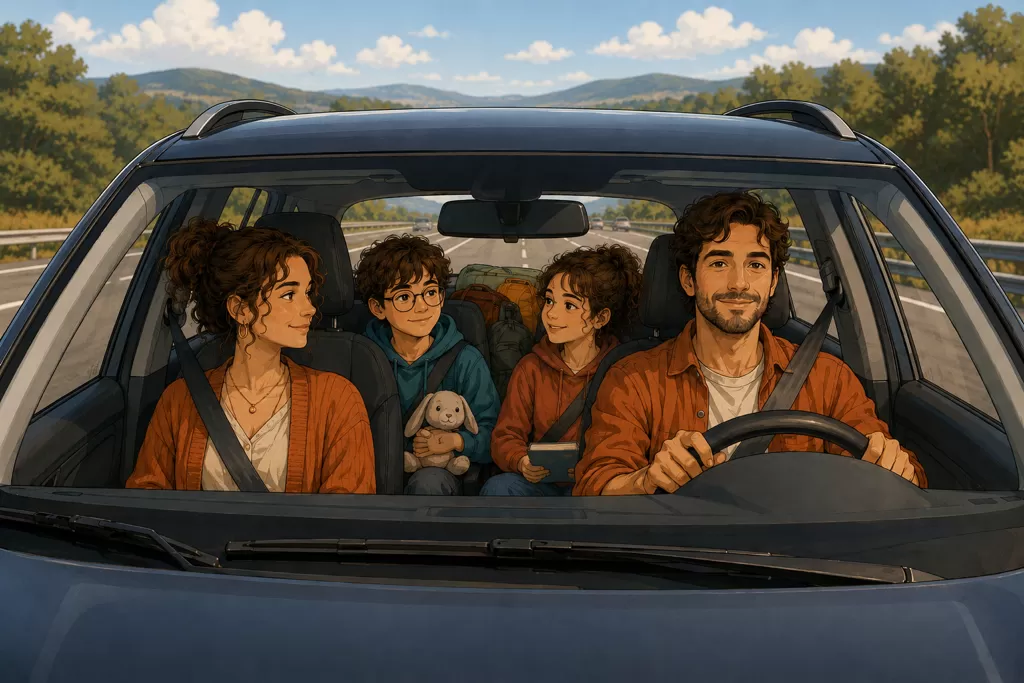 Illustration d’une famille en voiture sur l’autoroute, en route pour les vacances. Deux enfants HPI, un garçon et une fille, sont installés à l’arrière, détendus mais déjà absorbés dans leur monde intérieur, évoquant l’ennui et le besoin de stimulation propre aux enfants à haut potentiel. Les parents conduisent sereinement dans une ambiance chaleureuse de voyage en famille.