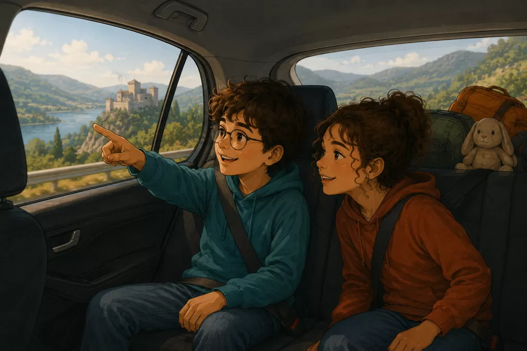 Deux enfants HPI sont assis à l'arrière d'une voiture pendant un voyage en famille. À travers la vitre, le garçon pointe avec enthousiasme un paysage qui le passionne tandis que la jeune fille observe la scène avec émerveillement. Cette illustration évoque la curiosité intense des enfants à haut potentiel, capables d'oublier l'ennui en voiture lorsqu'un sujet d'intérêt capte leur attention.