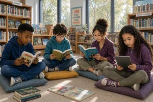 Quatre enfants HPI sont assis sur des coussins dans une médiathèque baignée de lumière naturelle. Chacun est plongé dans sa lecture selon ses centres d'intérêt : Malick lit un manga, Thomas et Béatrice sont absorbés par leurs romans, tandis que Sarah consulte une bande dessinée sur une tablette numérique. Cette scène de lecture illustre la diversité des passions, la concentration et le plaisir de lire chez les enfants à haut potentiel intellectuel. HPI