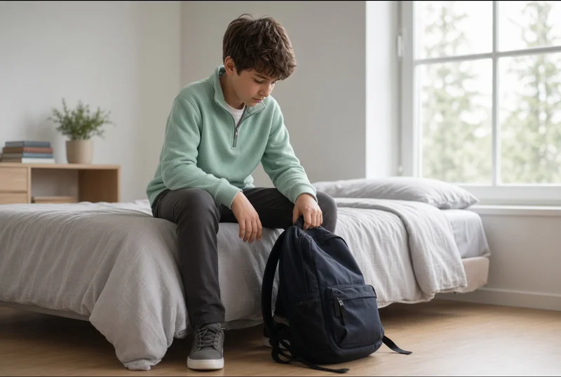 incluZivephobiescolaireenfantsHPIimage incluZive Enfant assis sur son lit, cartable à ses pieds, avant de partir à l'école HPI